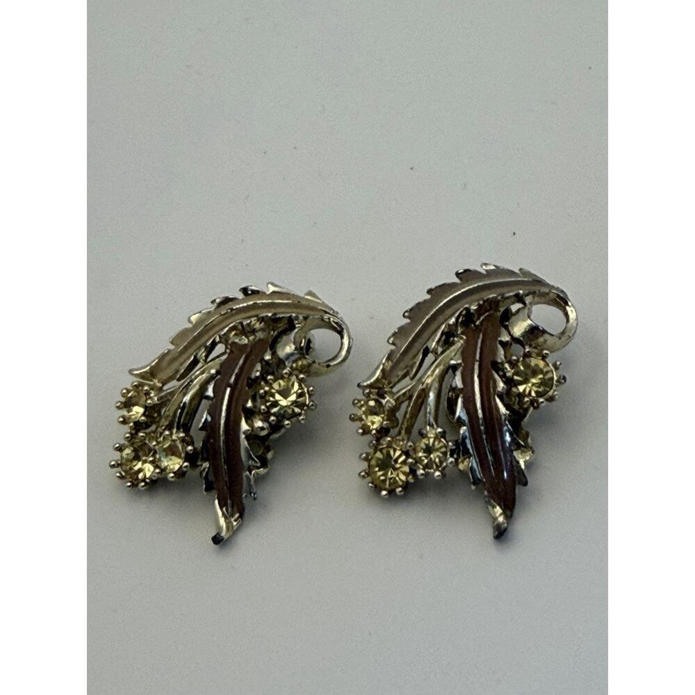Vintage Park Lane Yellow Jonquil Crystal Flower Clip Earrings Enamel Leaves